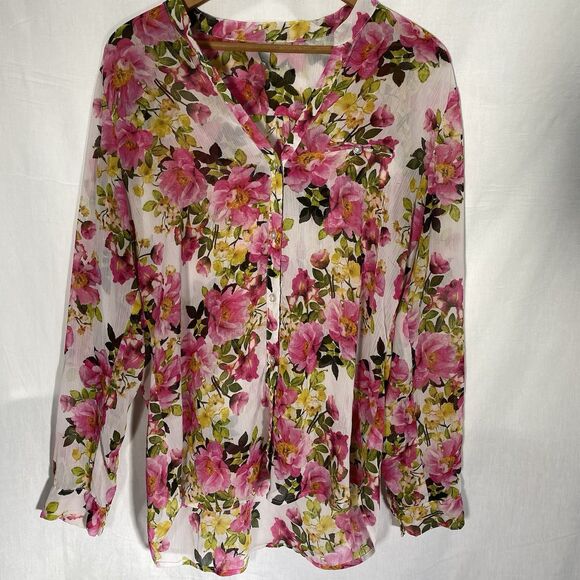 KUT FROM THE KLOTH Sheer Blouse Floral Button Roll Tab Long Sleeve Womens L Pink - Picture 2 of 12